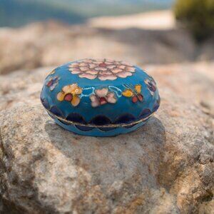 Hand-Painted Floral Cloisonné Trinket Box - Blue & Pink Enamel - 2.5" Diameter